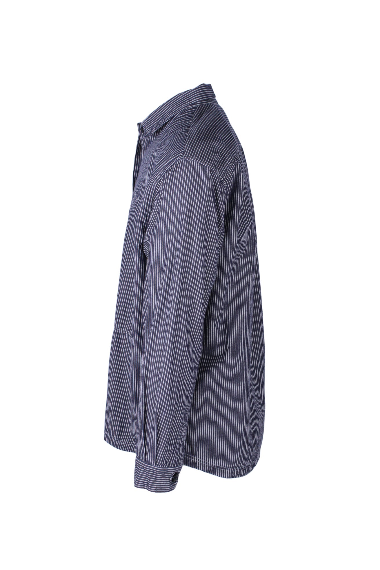 side angle le mont s'michel striped shirt on masculine mannequin torso.