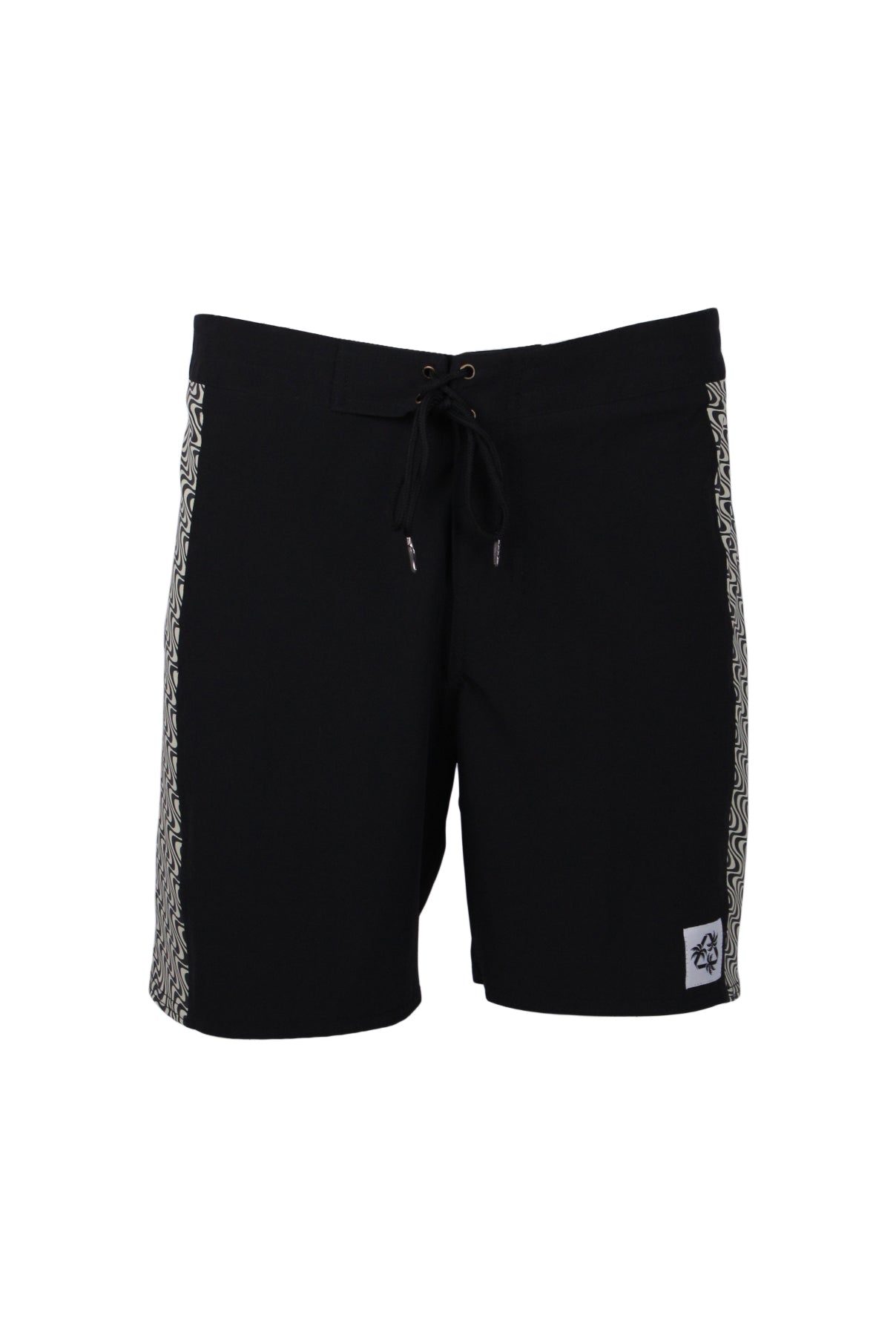 front of black board shorts displayed on half mannequin. lace up front closure. partial view of abstract patterned side panels.  