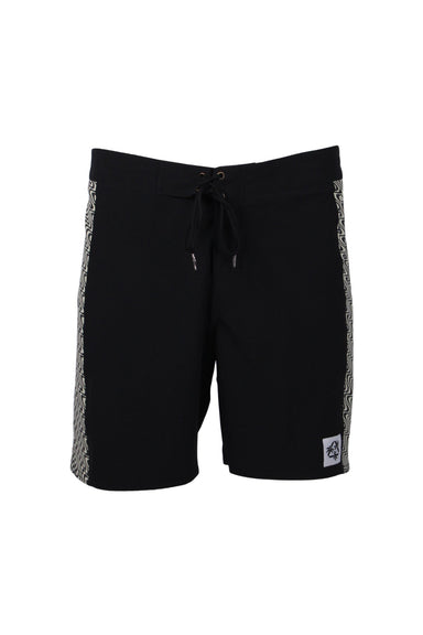 front of black board shorts displayed on half mannequin. lace up front closure. partial view of abstract patterned side panels.  
