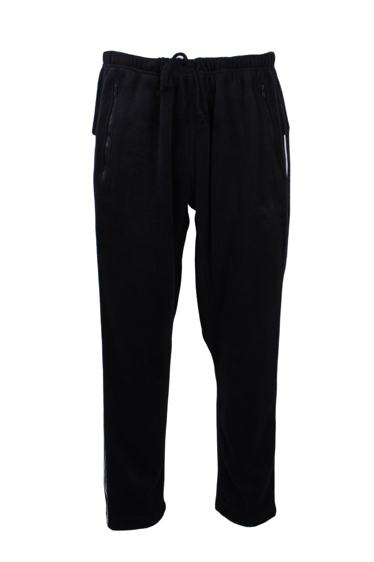front of adidas black fleece track pants displayed on half mannequin. drawstring waist. 