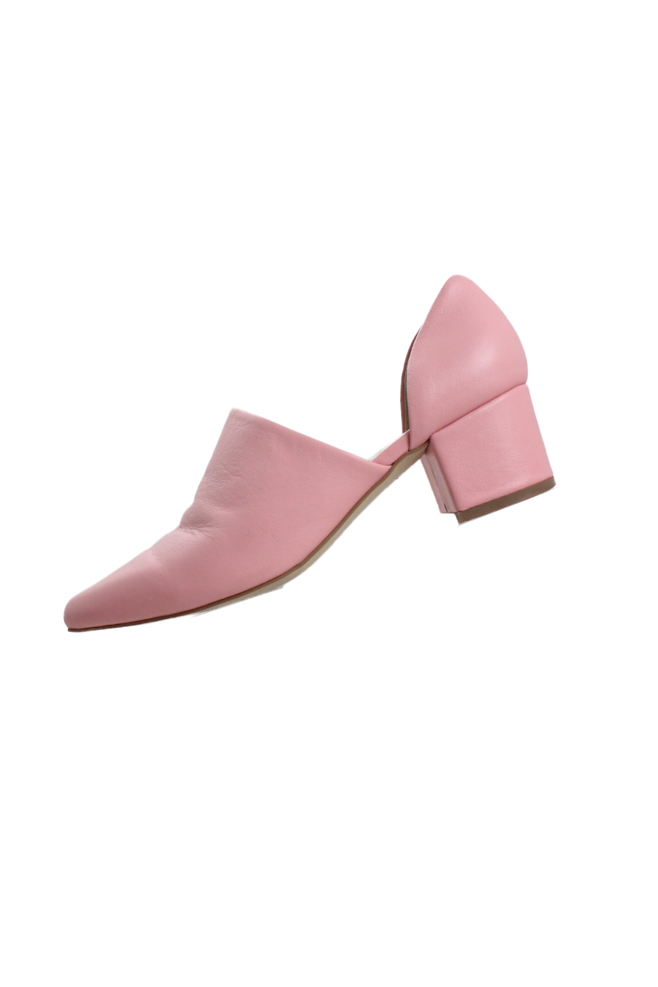 profile of intentionally blank pink flamingo heeled loafers. features pointed toe, block heels, elastic gore at side vamp, and slip on style. 