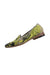 profile of etro beige and lime green flats. features abstract embroidery throughout, almond toe, notched venetian vamp with rolled leather piping, and slip on style. 