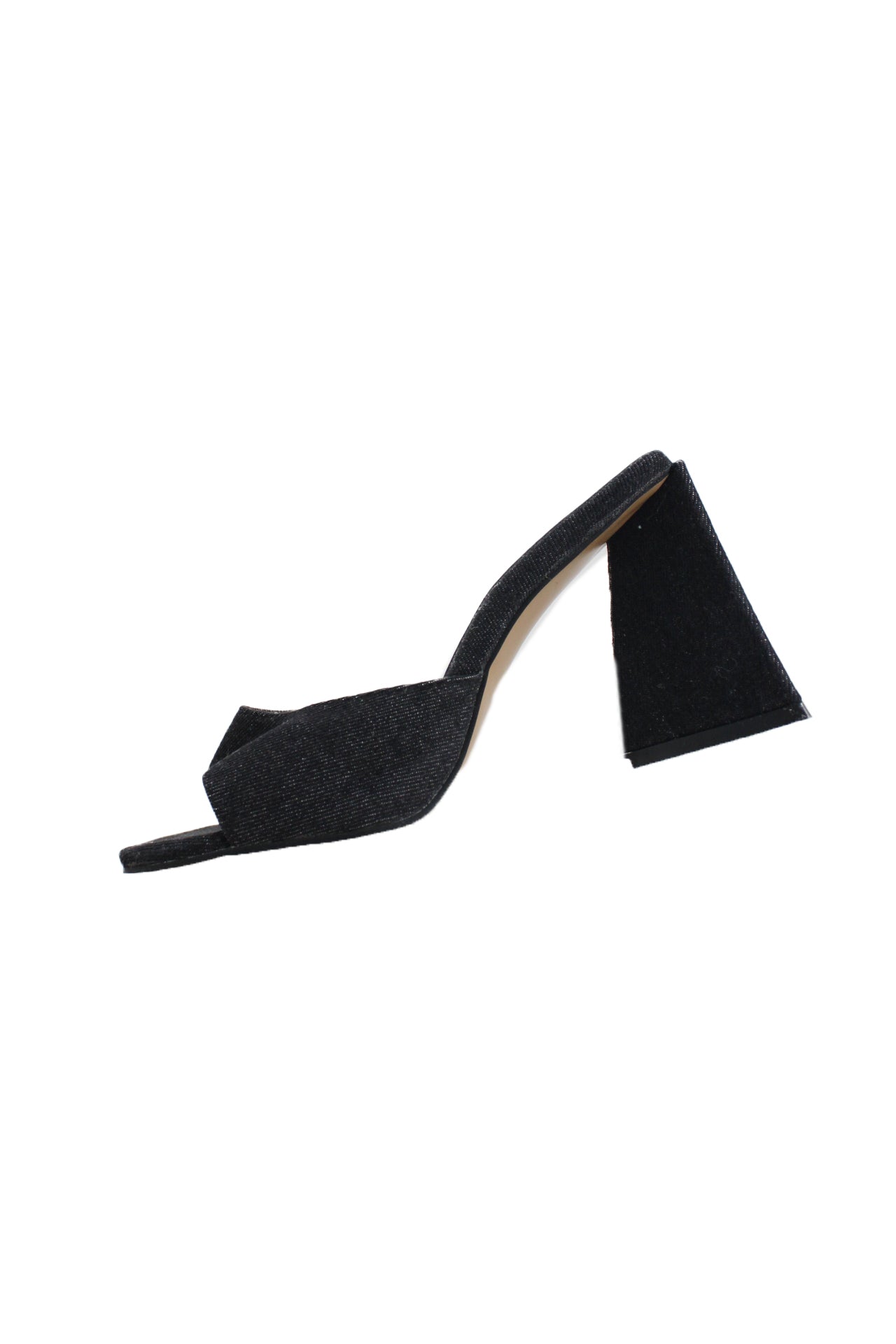 description: sabot dark denim heels. features square toe silhouette, slip on style, and triangular block heel. 