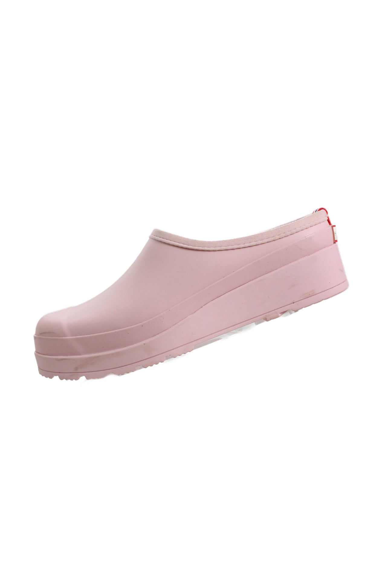 description: hunter light pink rubber clogs. features rounded toe silhouette, slip-on style, and hunter branding striped at back. 
