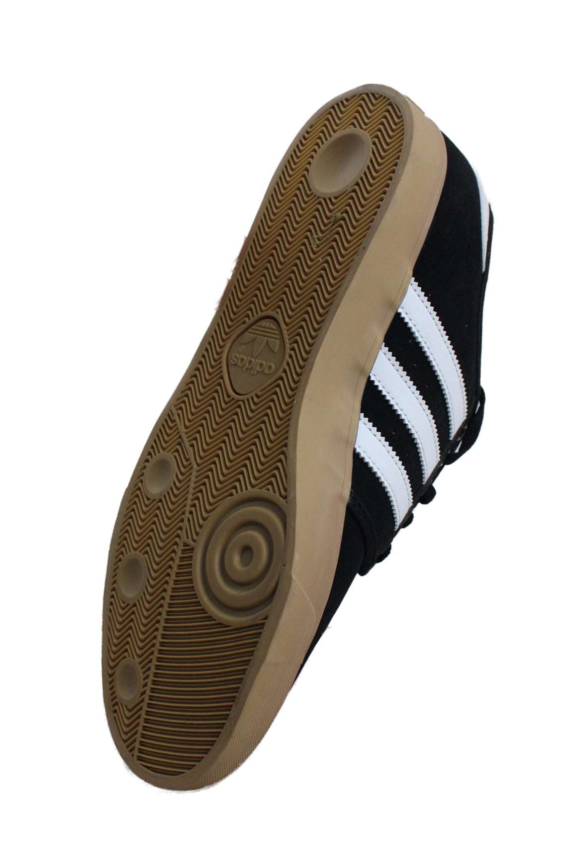under angle of rubber soled shoes. features text 'adidas' on sole. 