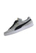 side angle of puma light grey/black/white suede shoes. features ‘puma’ logo tag at tongue, ‘puma suede’ logo at sides, ‘puma’ logo at heel, and top flat lace closure.  