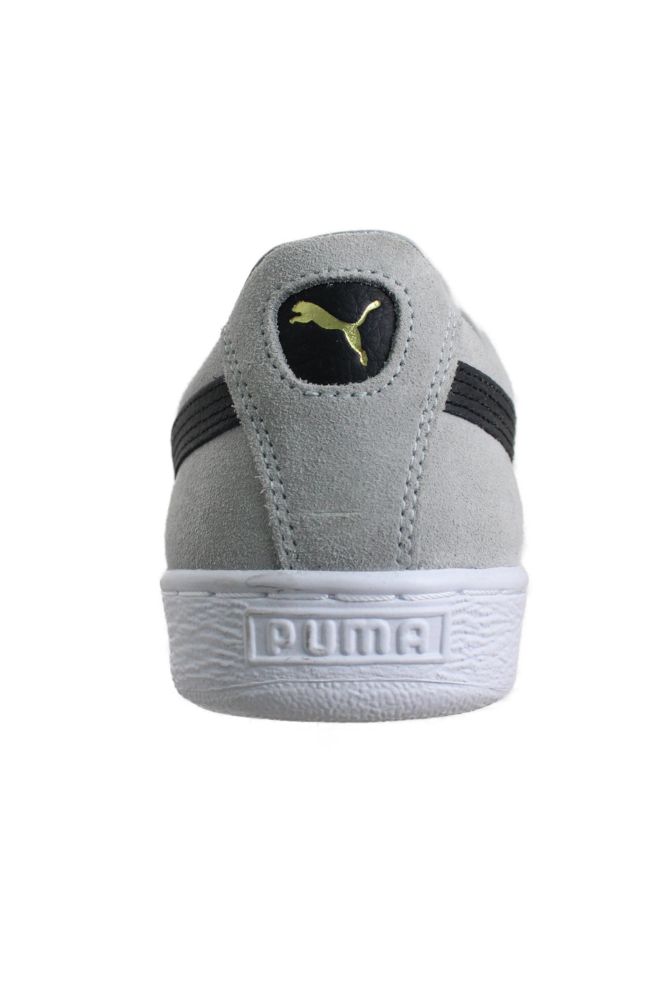 back heel angle of shoe. features golden puma logo under at top and text 'puma' on rubber sole. 
