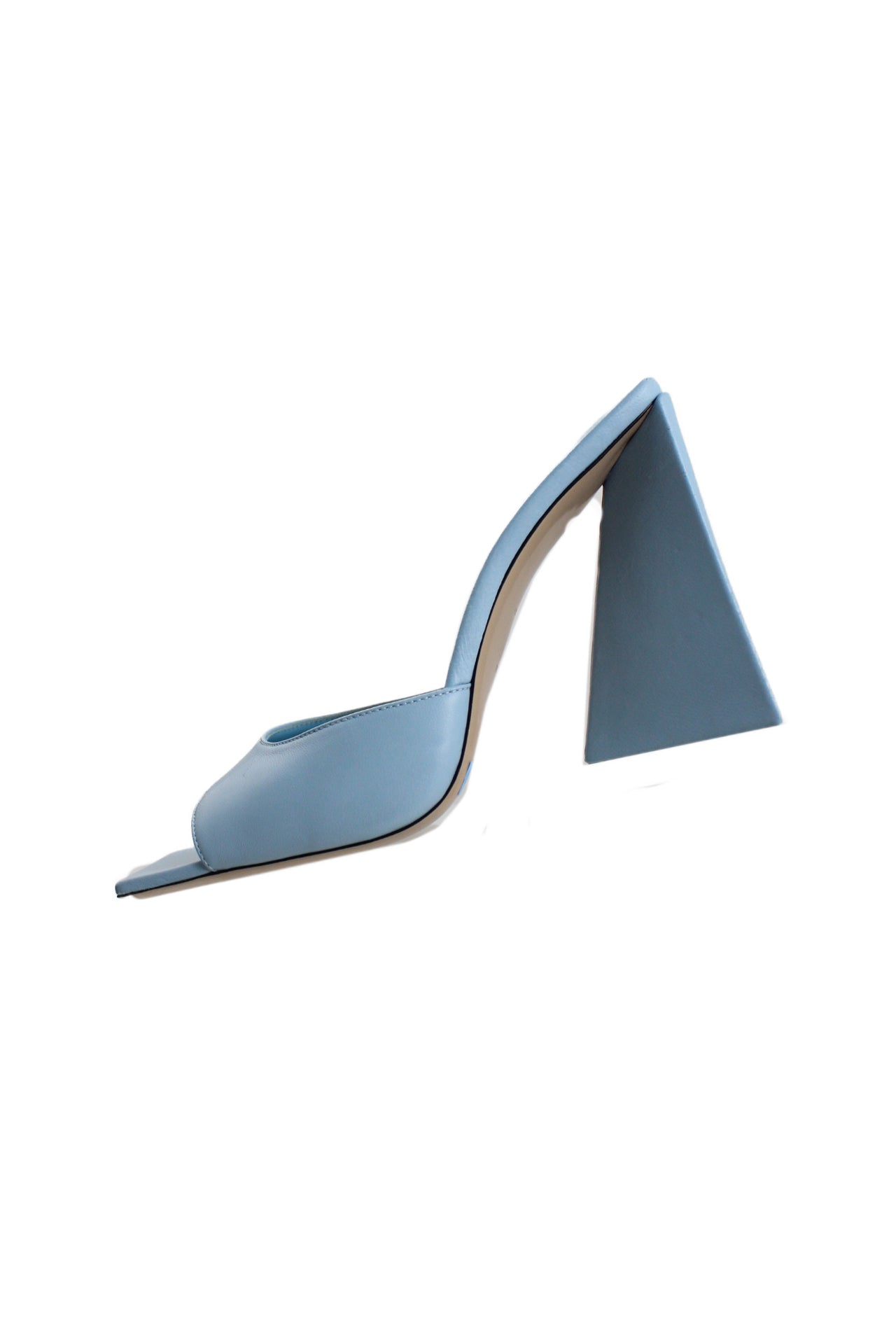 the attico sky blue mule heels. features a square toe area and triangular block heel. 