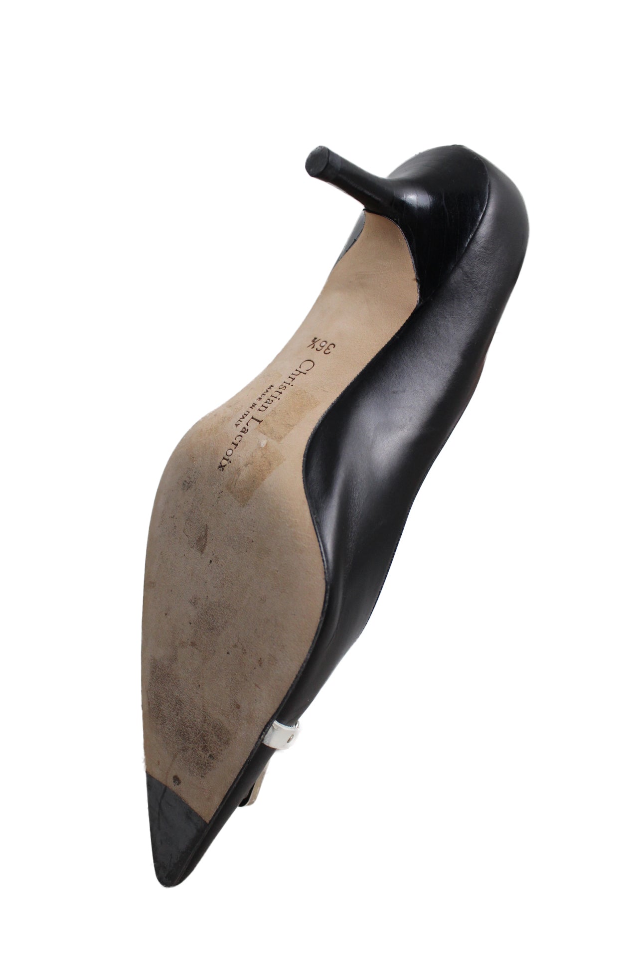 lower angle of kitten heels. features text '36 1/2, christian lacroix, made in italy'. 