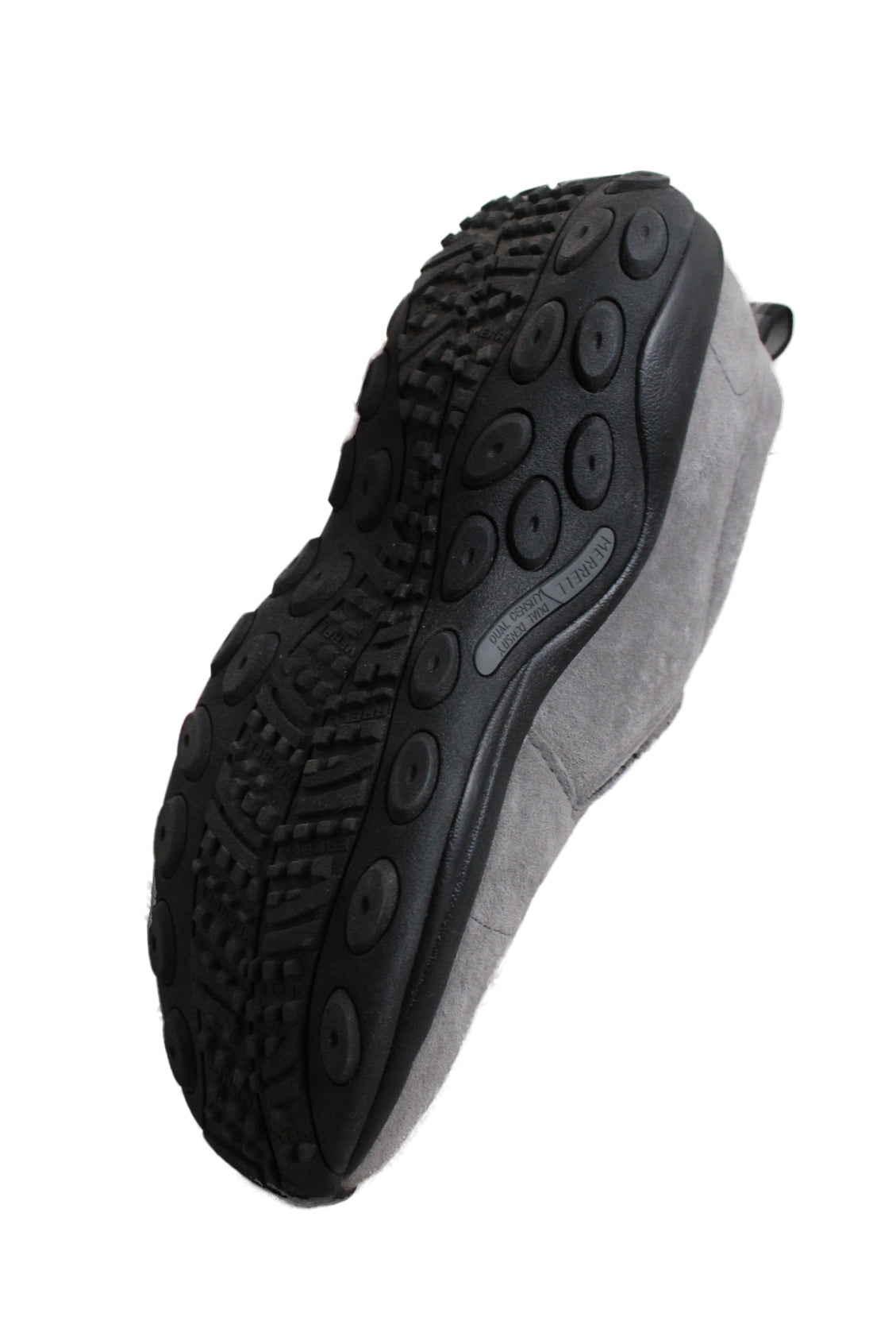 underside view with 'merrell dual density' branding at soles side of shoe.