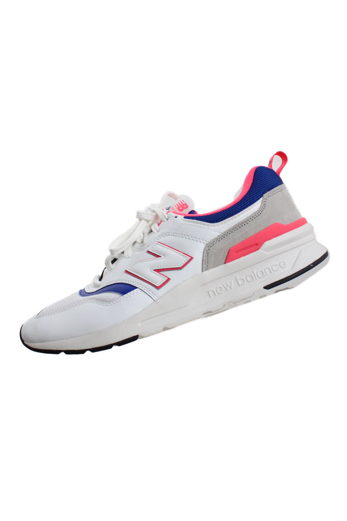 left side view of new balance white/blue/neon pink ‘997h’ leather/textile shoes. features ‘new balance 997h’ logo tag at tongues, ‘n’ logo at uppers sides, ‘new balance’ logo at soles sides, top flat lace closure, and pull tab at heel.