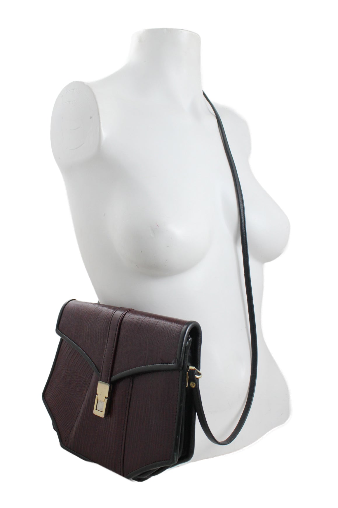 side view of roche leather maroon cross body bag.