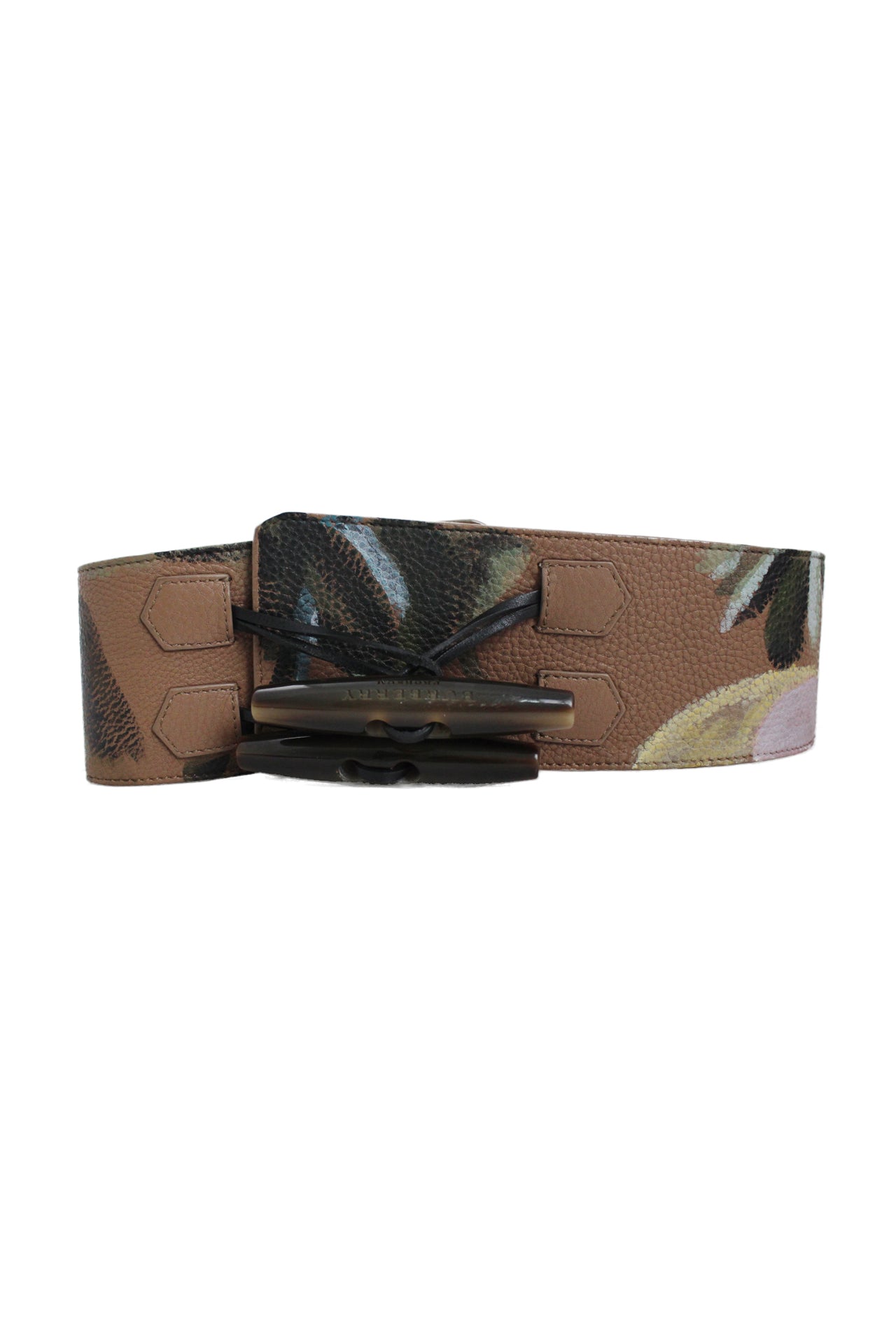 front of burberry brown wide toggle belt. features floral painted design throughout, and embossed logo brand at toggle closure. 