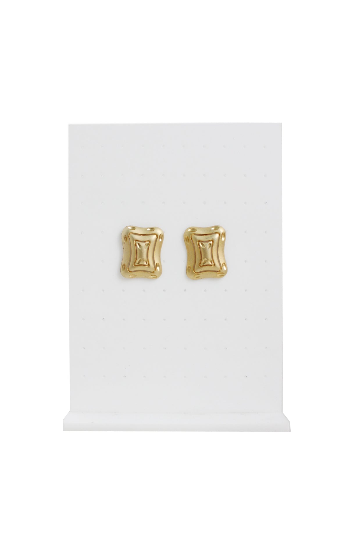 vintage gold toned metallic rectangular earrings staged on earrings stand. 