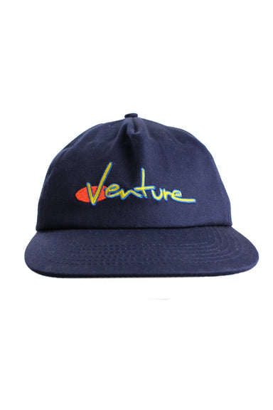 front angle of venture trucks blue baseball cap. features embroidered yellow/red logo on front, six panel design, and adjustable snap back closure.