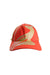 orange trucker hat with contrasting gold cat graphic adorned with white rhinestones.