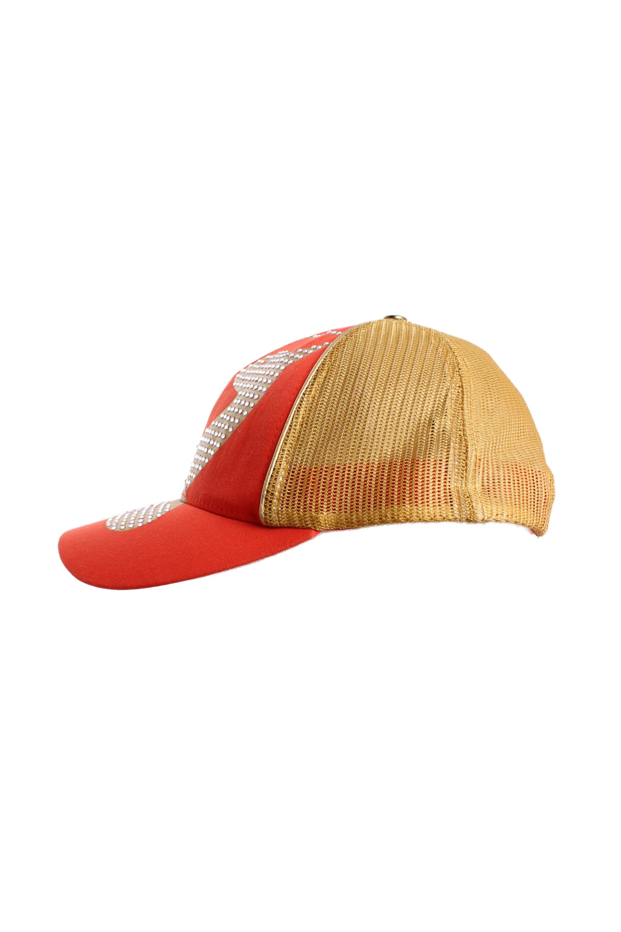 profile of orange trucker hat with gold toned mesh time panels 