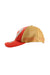 profile of orange trucker hat with gold toned mesh time panels 
