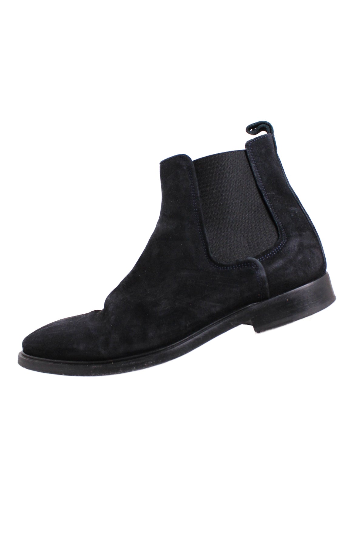 side angle of lanvin black leather suede chelsea boots. features pull tab, elastic gores for pull on fit, angled rounded toe, and leather sole. 
