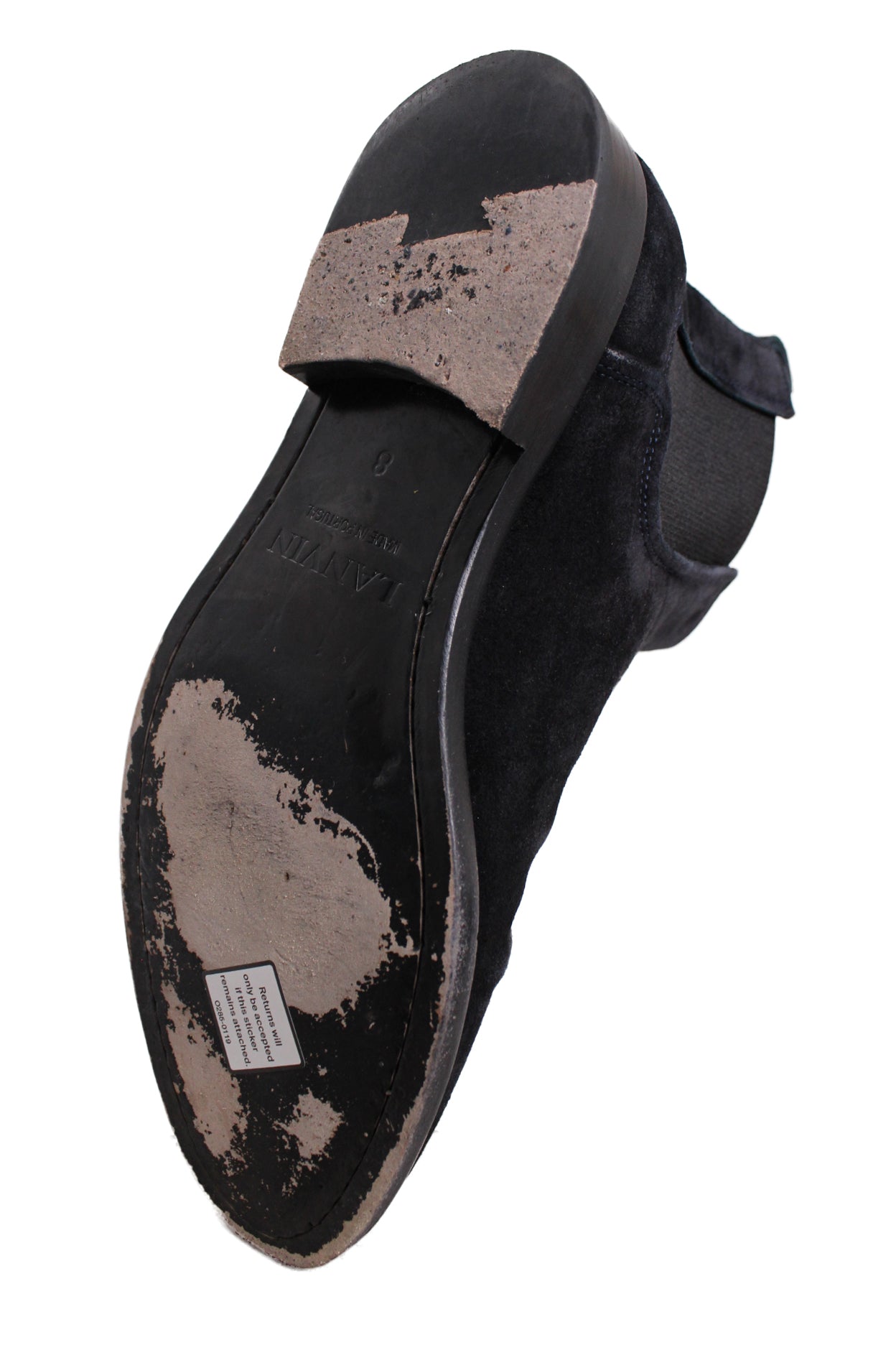 sole angle of leather boots. features text 'lanvin made in portugal 8'. 
