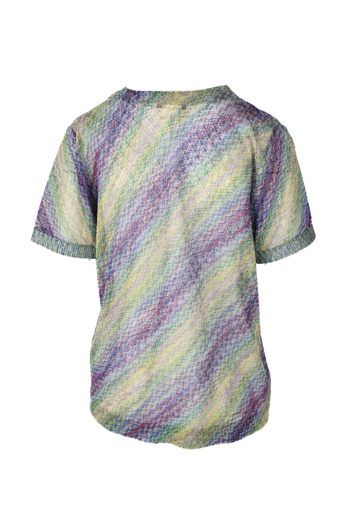 rear of metallic rainbow colored wide knit short sleeve t-shirt