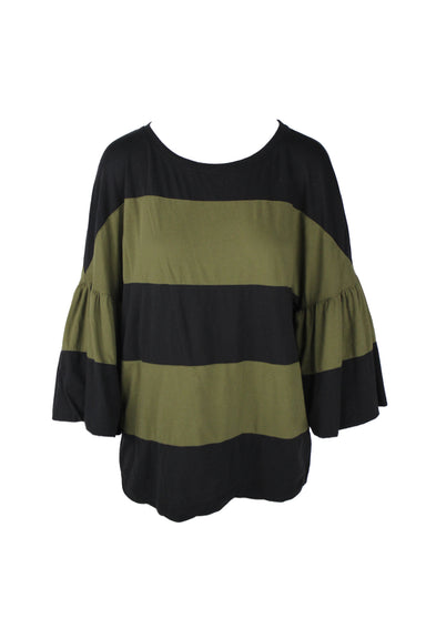 front angle of dries van noten green and black striped shirt. features thick horizontal stripes in jersey fabric, cropped ruched bell sleeves, high rounded collar, and a pull-over fit. 
