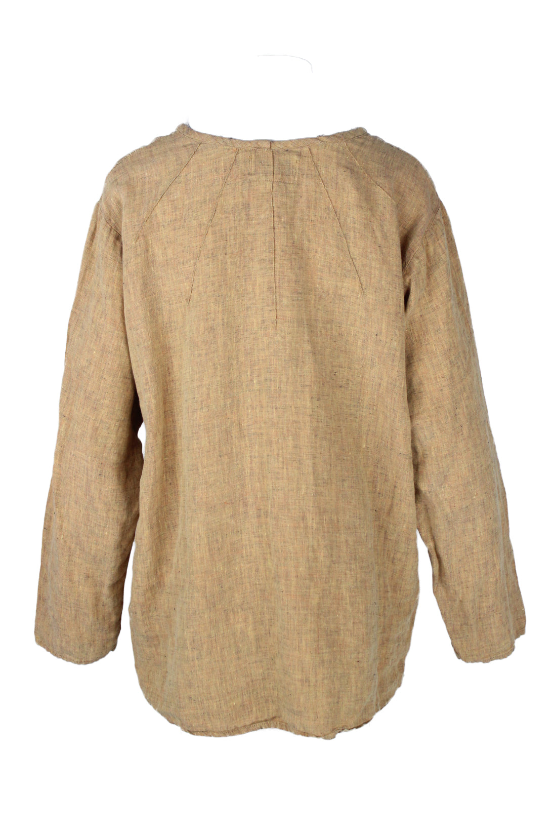 back angle of long sleeve flax blouse. features darts near neckline. 