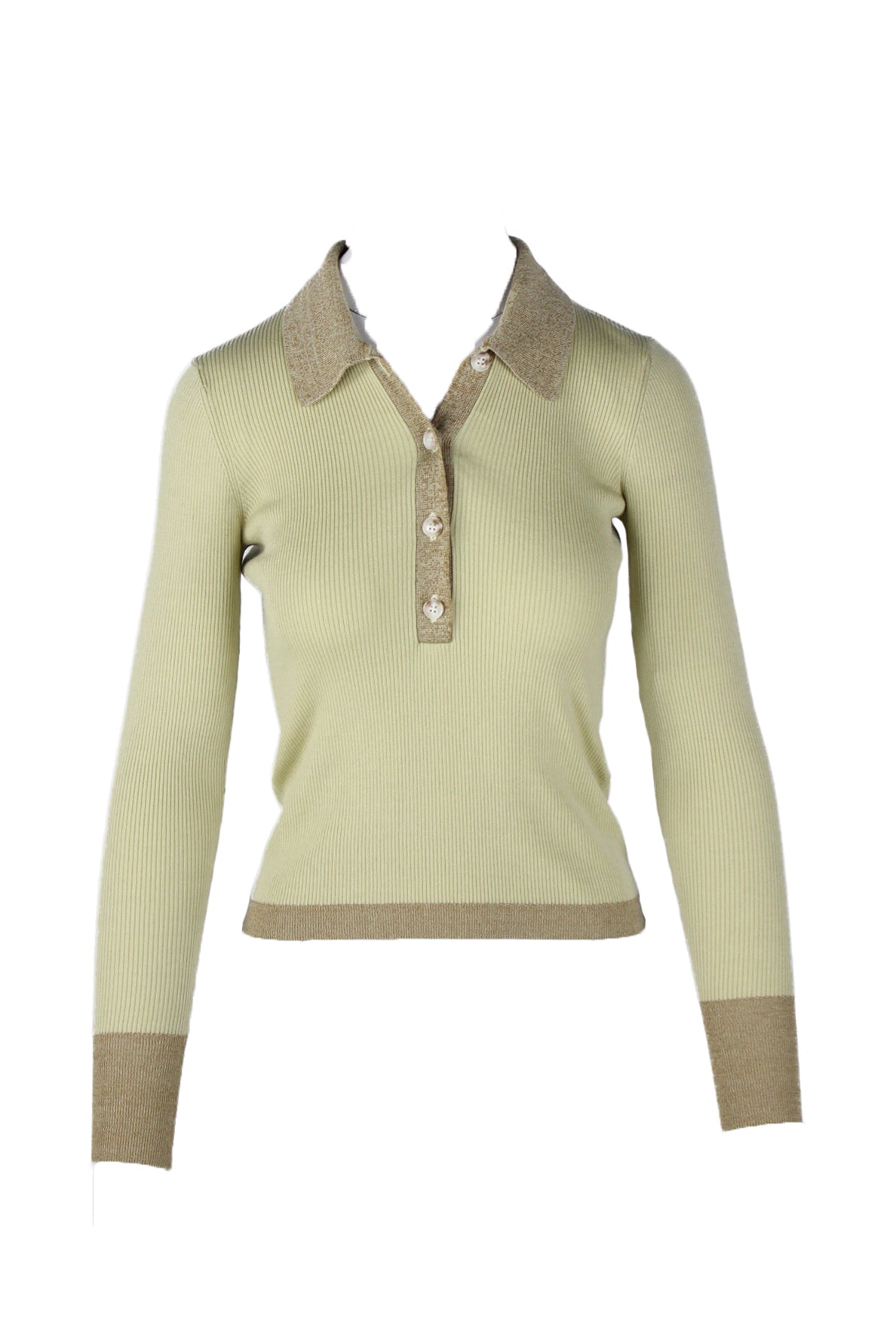 front angle of baum und pferdgarten light green and oatmeal ribbed sweater. features four button half placket, pointed collar, long sleeves, small vertical rib throughout, and contrast trim on collar/cuffs/hem. 