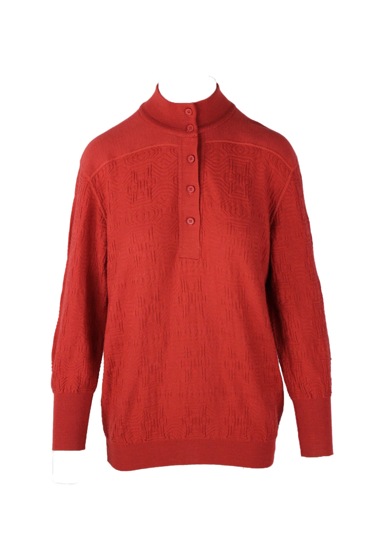 front angle of vintage courreges rusty red pull-over sweater. features mock-turtleneck, five button half placket, patterned small knit throughout, and long ribbed cuffs/hem. 