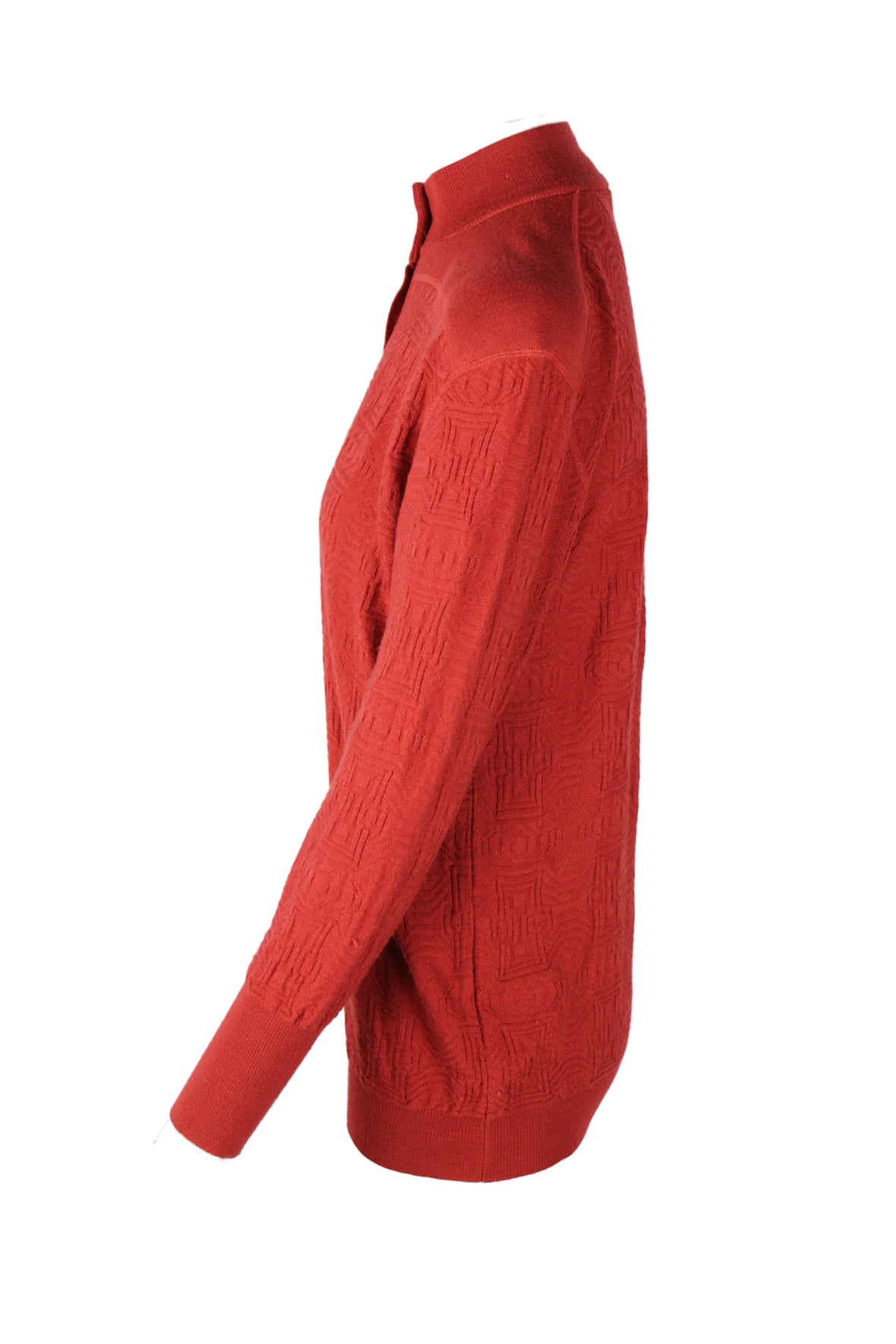 side angle of patterned pull over sweater. 
