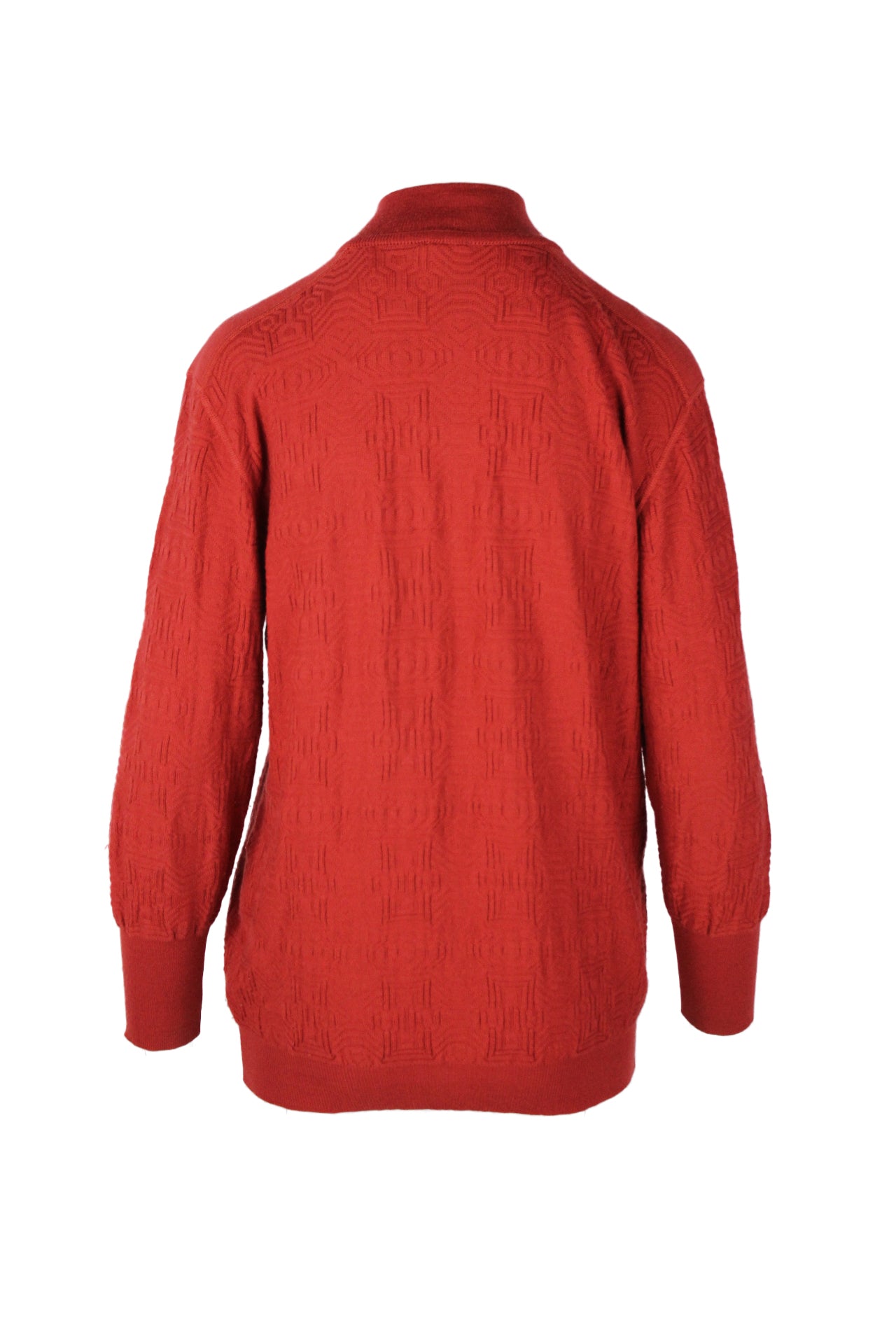 back angle of patterned pull over knit sweater. 