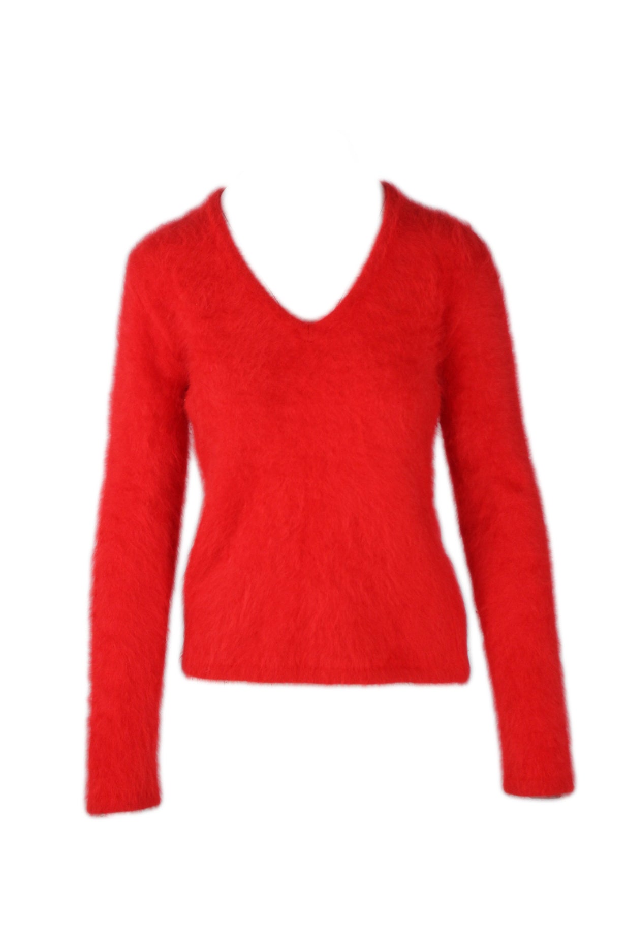 front angle of vintage belldini bright red angora sweater. features ribbed cuffs/hem/v-neck, long sleeves, pull-over fit, and all over fuzzy knit body. 