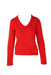 front angle of vintage belldini bright red angora sweater. features ribbed cuffs/hem/v-neck, long sleeves, pull-over fit, and all over fuzzy knit body. 