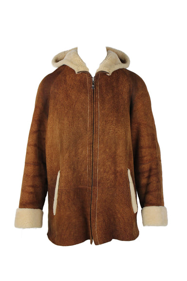 description: unlabeled brown shearling long sleeve jacket. features beige shearling lining, cuffed long sleeve, zipper closure at center front, hood, and loose fit. 
