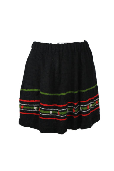 front of vintage black knit mini skirt. features embroidered floral/stripes design, elasticized waist, and a-line fit. 