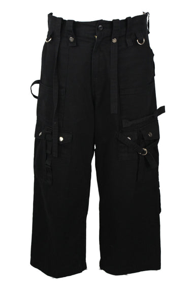 description: youths in balaclava black cotton cargo pants. features paneled cotton twill cargo pants, grosgrain detailing throughout, belt loops, zip fly, flap pockets, and patch pockets. 