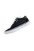 side angle of vans black leather and canvas rowan style skate shoes. features suede toe/heel, canvas side wall, branded white tag with text 'vans' beside lace closure, and white rubber sole. 