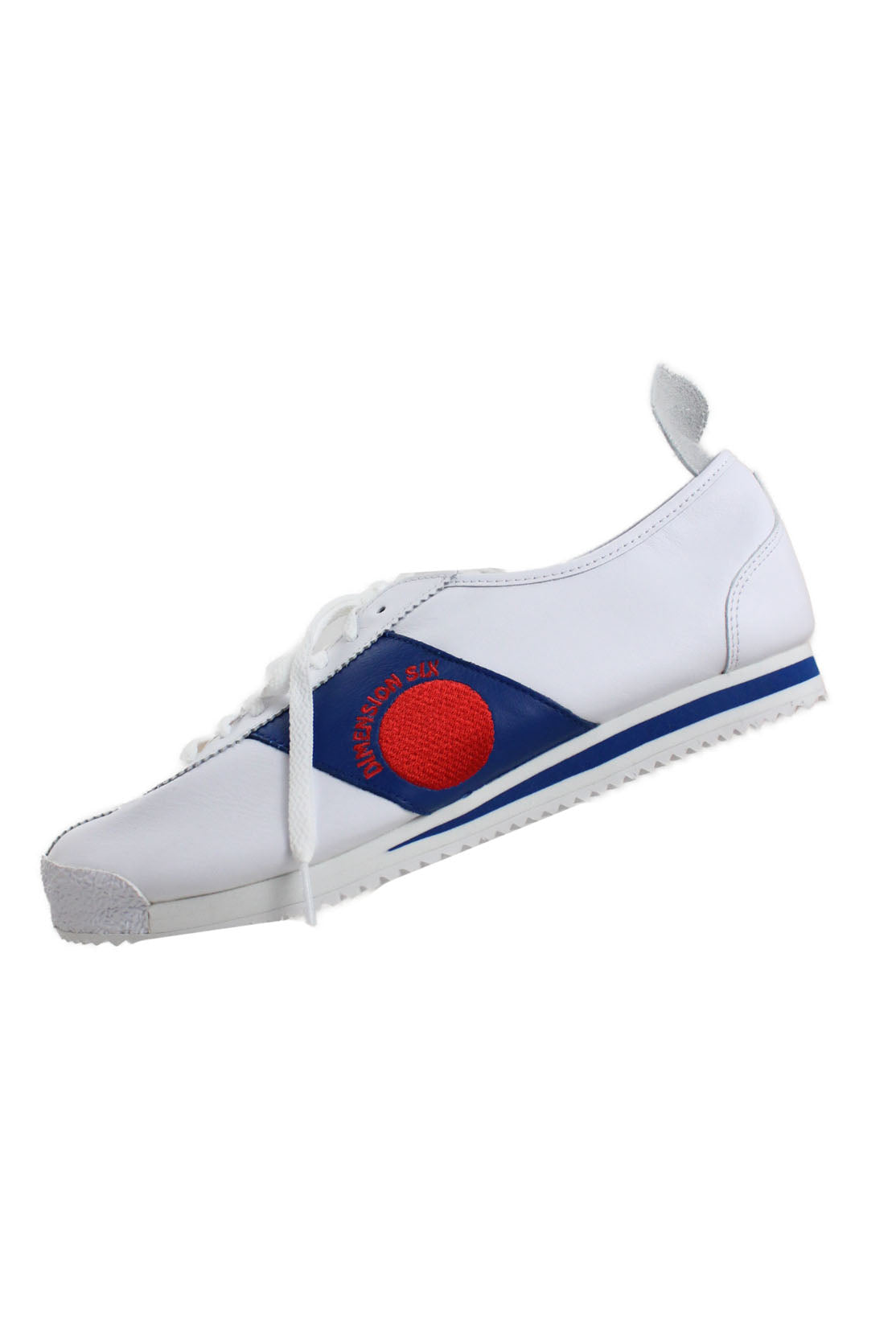 side view of nike x dimension six white/multi ‘cortez 72 shoe dog’ leather shoes. features ‘nike’ logo tags at tongue, ‘dimension six’ embroidered logo at outer sides, nike swoosh at inner sides, top flat lace closure, and heel tab flap.