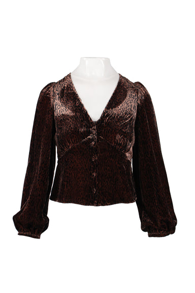 & other stories long sleeve brown and black animal printed blouse with a v-neckline and front button closure and fitted bust.