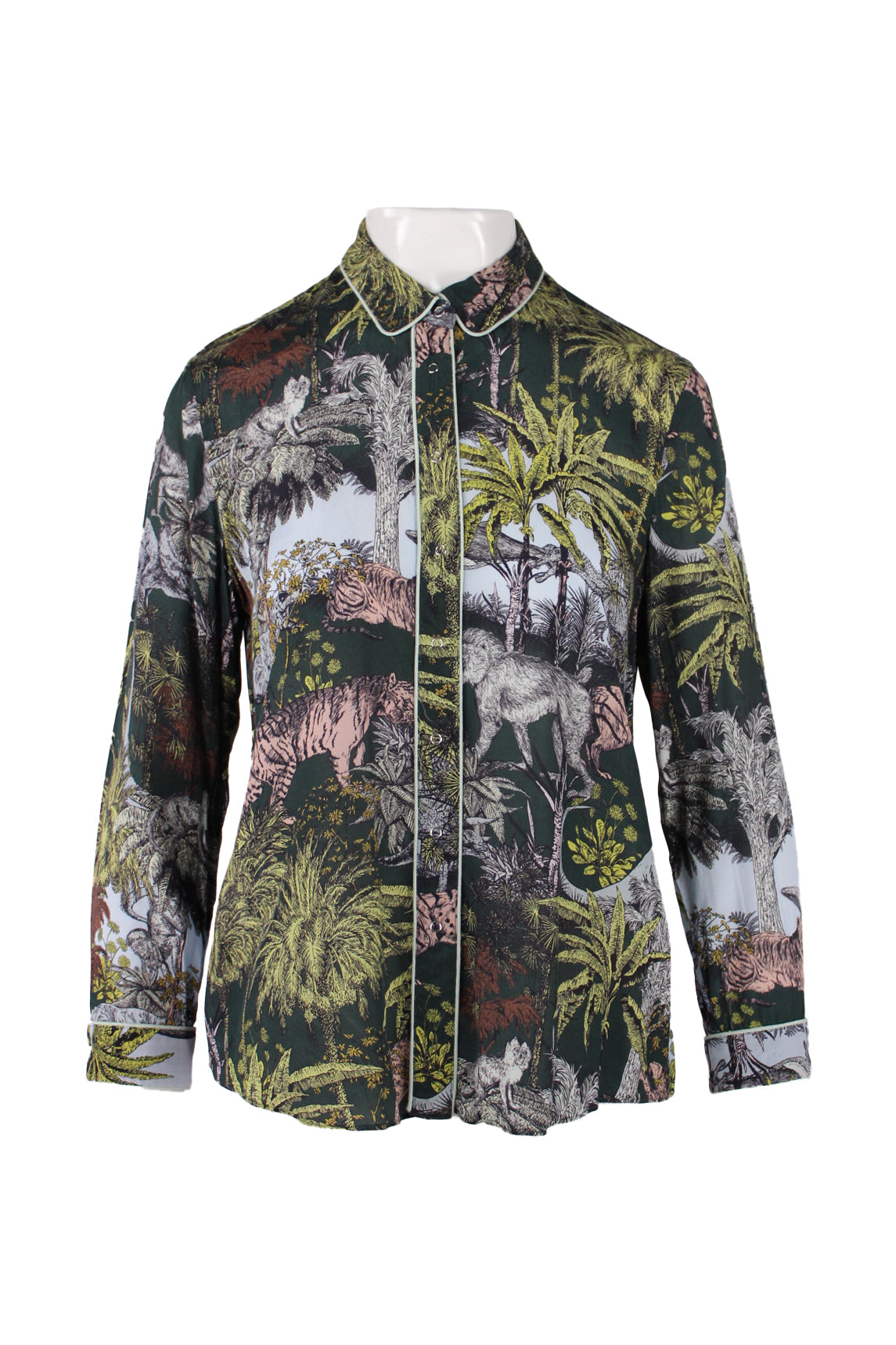 front of bimba y lola multicolor long sleeve print shirt. features animal/forest print throughout, peter pan collar, contrast stitching at edges, and snap button closure. 