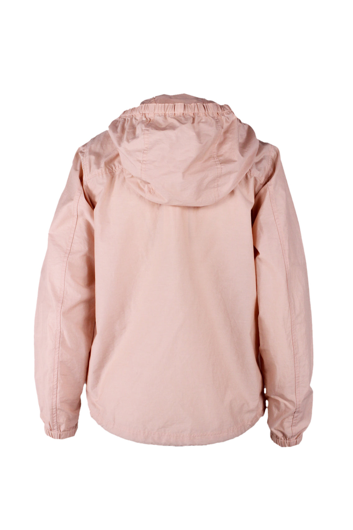 rear of long sleeve windbreaker jacket with elastic banded hood.
