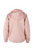 rear of long sleeve windbreaker jacket with elastic banded hood.