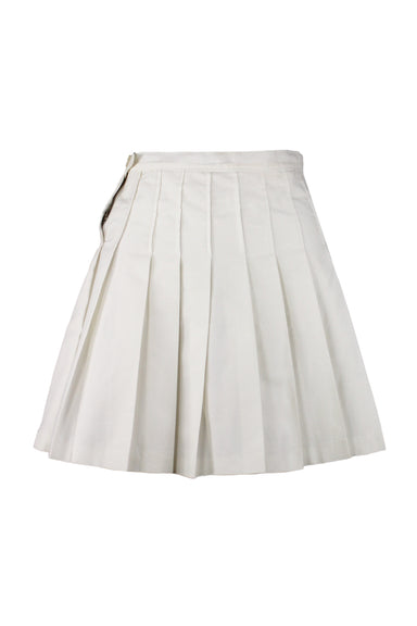 description: vintage white tennis skirt. features pleated design throughout, zipper closure at left side, and a-line silhouette. 