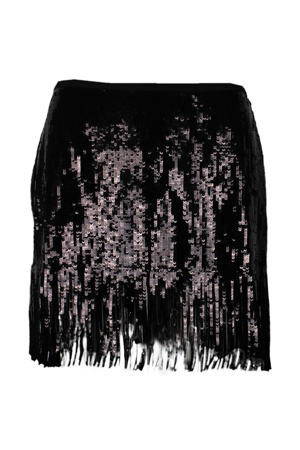 front angle of le superbe black sequin fringe miniskirt. features shiny sequins throughout, and fully lined.