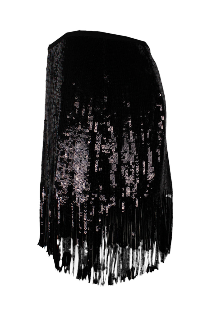 side angle of sequin fringe mini skirt. 