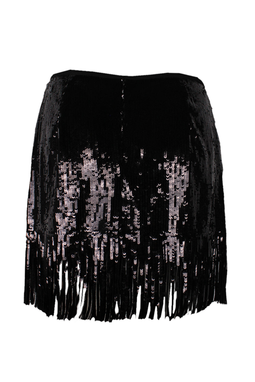 back angle of fringe miniskirt. features hidden zip closure at back. 