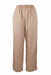 front of  monica cordera brown/beige straight leg pants. features checkered pattern throughout, elasticized waist, slashed pockets, and pull on style; relaxed fit. 
