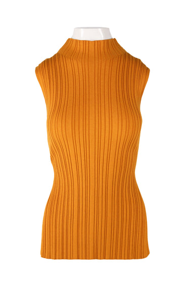 front of open edit yellow mustard sleeveless rib top. features turtle neck, ribbed effect throughout, open back, and drawstring with self tie closure. 