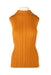 front of open edit yellow mustard sleeveless rib top. features turtle neck, ribbed effect throughout, open back, and drawstring with self tie closure. 