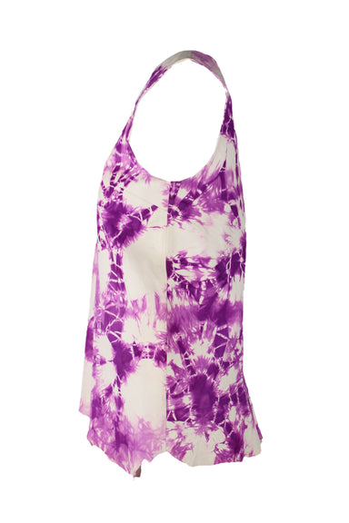 profile of white and pink tie dyed leather tank top with a darted bust and raw edged hem. 